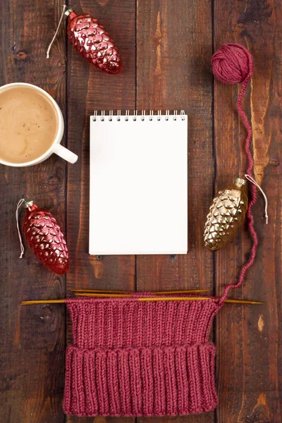 Flatlay background with knitting, coffee and a copyspace ストックフォト