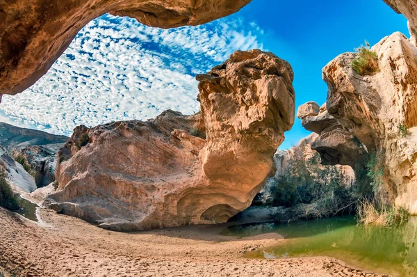 Un pintoresco oasis de Ein Yorkeam en el desierto del Negev. Israel . — Foto de Stock