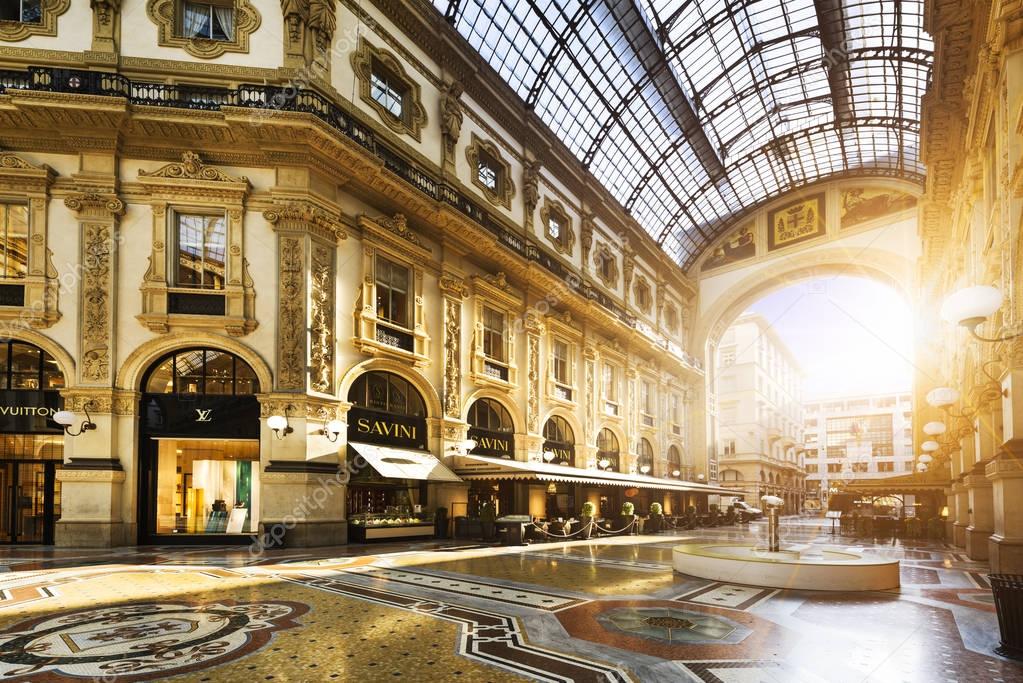 MILAN, ITALY - AUGUST 29, 2015: Luxury Store in Galleria Vittorio Emanuele II shopping mall in Milan, with tasted Italian restaurants