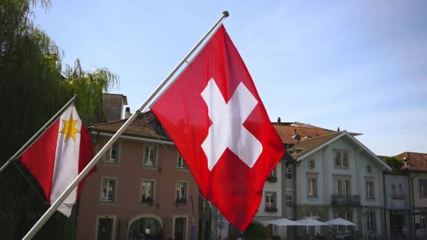 Mengkibar bendera Swiss — Stok Video