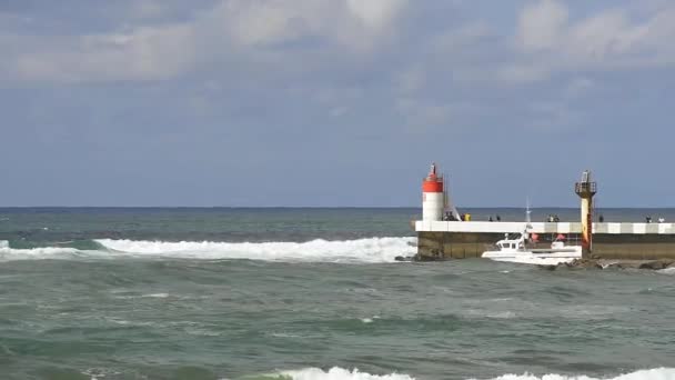 Stormachtige Oceaan en pier — Stockvideo