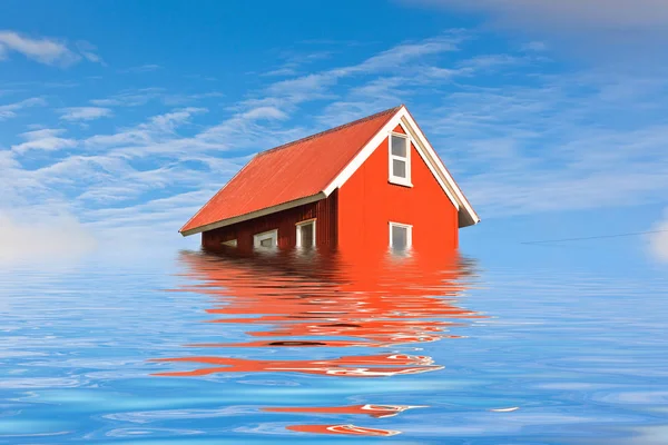 Bright Red Siding House in water flood — Stock Photo, Image