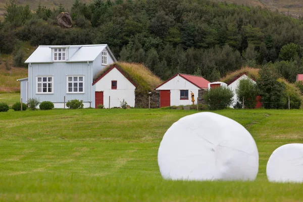 Rollos de heno blanco en un campo verde de Islandia —  Fotos de Stock