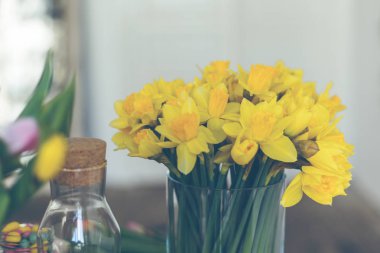Cam vazoda sarı narcissuses buket