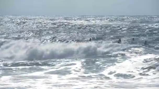 Silhouetten van surfers op de Atlantische oceaan golven nearcapbreton, Frankrijk — Stockvideo