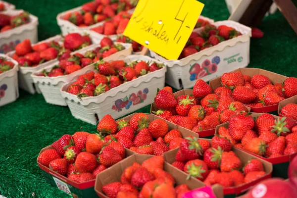 Fragole naturali in scatole in un mercato agricolo — Foto Stock