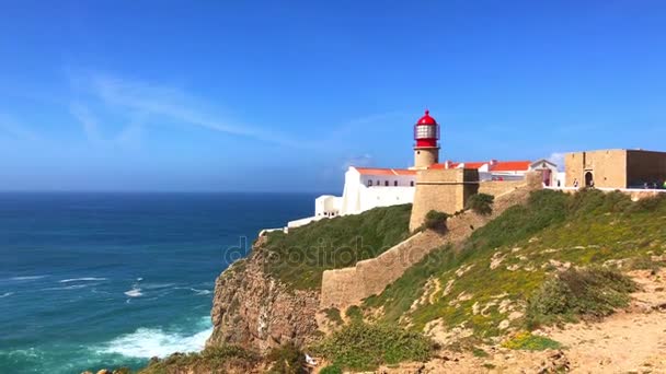 Lighthouse Cabo Sao Vicente Sagres Portugal Farol Cabo Sao Vicente — стокове відео