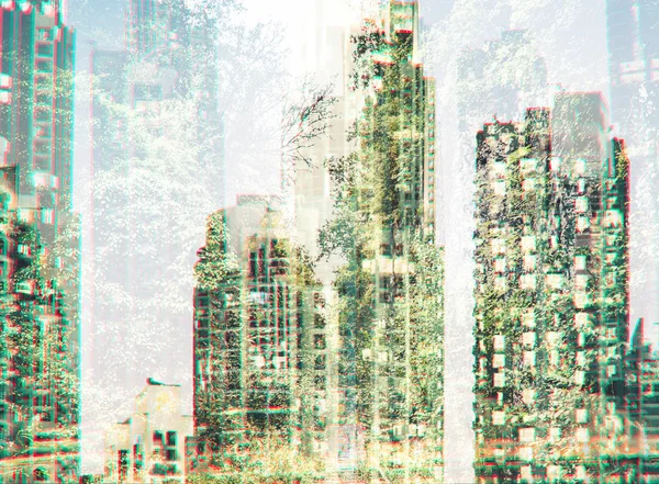 Cityscape and forest in double exposure glitch style — Stock Photo, Image