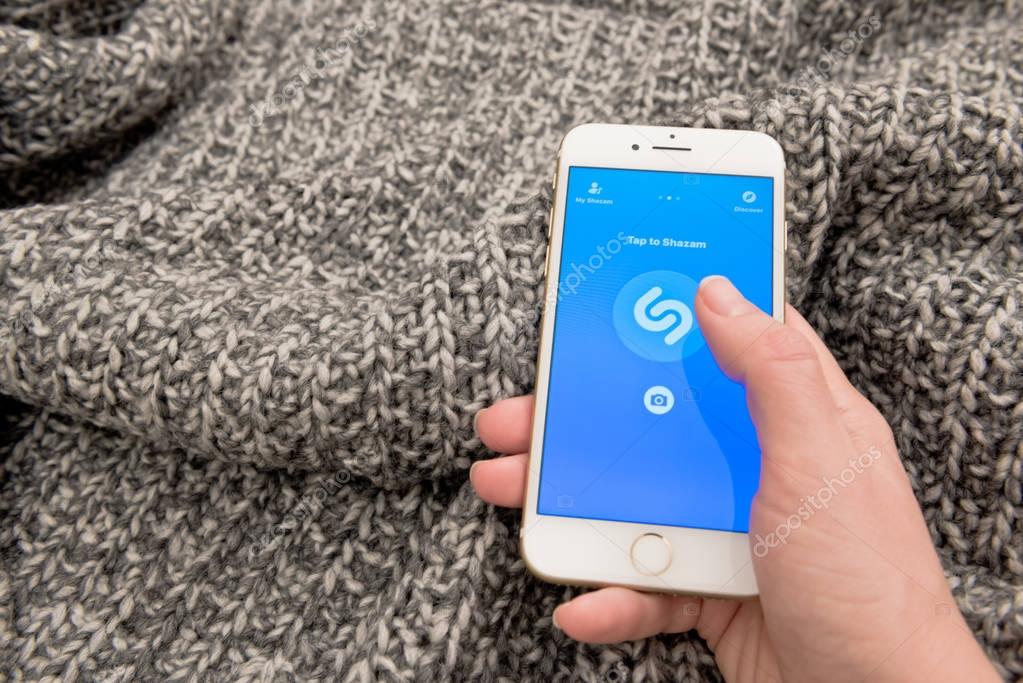 USA, BOSTON - DECEMBER 10: Shazam mobile application on screen of Apple Iphone 7 on December 10, 2017