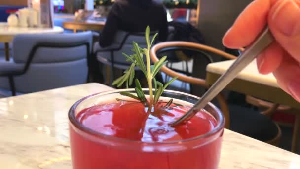 Üveg Csésze Forró Gyógynövényes Rózsaszín Bogyó Teát Egy Kávézó Asztal — Stock videók