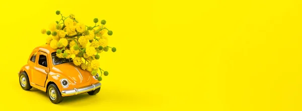 Car toy model delivering bouquet of mimosa flowers