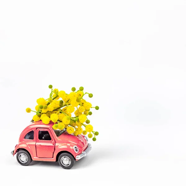 Modello di giocattolo auto che fornisce mazzo di fiori mimosa — Foto Stock