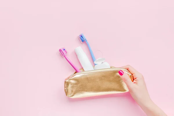 Higiene de los dientes y productos para el cuidado oral flatlay — Foto de Stock