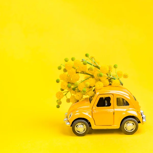 Modello di giocattolo auto che fornisce mazzo di fiori mimosa — Foto Stock