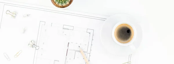 Diseño de interiores mesa de trabajo con plan de casa —  Fotos de Stock