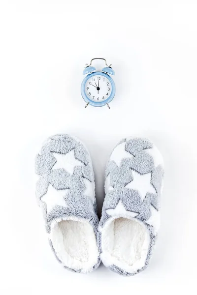 Sleep Soft Fluffy Slippers Blue Alarm Clock Isolated White Background — Stock Photo, Image