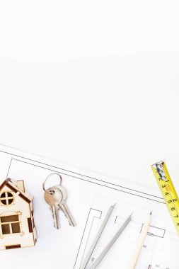 Yaratıcı düz uzanmak tepegöz üst görünüm plan düz proje planı ve ofis malzemeleri üzerinde Decorator masa çalışma örnekleri araçlar ve ekipman arka plan kopya alanı kavramı