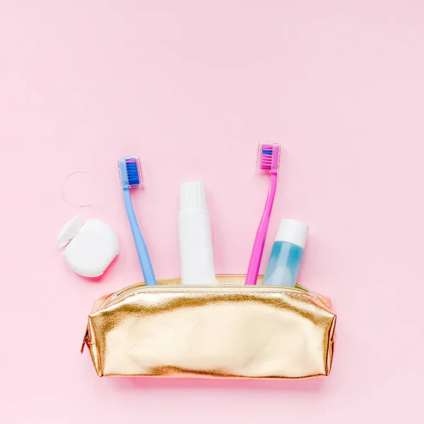 Higiene Los Dientes Productos Cuidado Dental Oral Estuche Cosmético Viaje — Foto de Stock