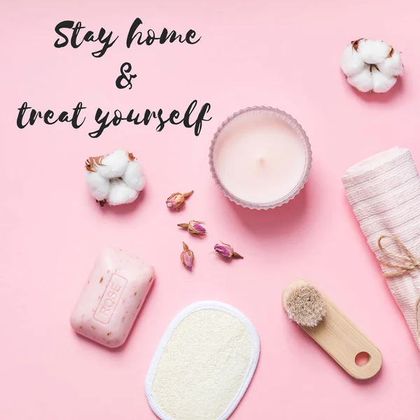 Stay Home Treat Yourself Concept Text Spa Beauty Cosmetics Body — Stock Photo, Image