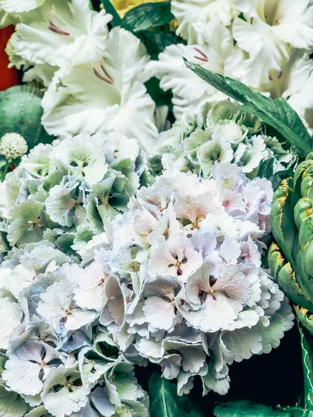 Close Beautiful White Hydrangea Flowers Bouquet Water Drops French Market — стоковое фото