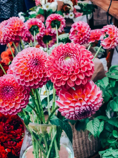 Bonito Buquê Flores Dahlias Pequena Florista Loja Arranjo Flores Estilo — Fotografia de Stock