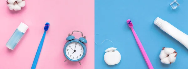 Teeth Hygiene Oral Dental Care Products Alarm Clock Color Pink — Stock Photo, Image