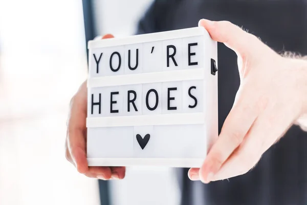 Nurse Day Concept Man Hands Holding Lightbox You Heroes Text — Stock Photo, Image