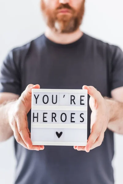 Nurse Day Concept Man Hands Holding Lightbox You Heroes Text — Stock Photo, Image