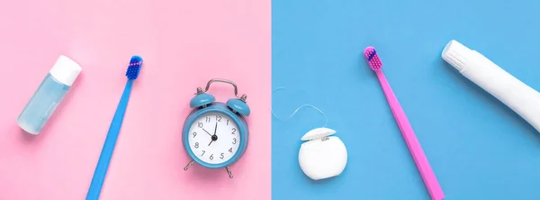 Teeth Hygiene Oral Dental Care Products Alarm Clock Color Pink — Stock Photo, Image