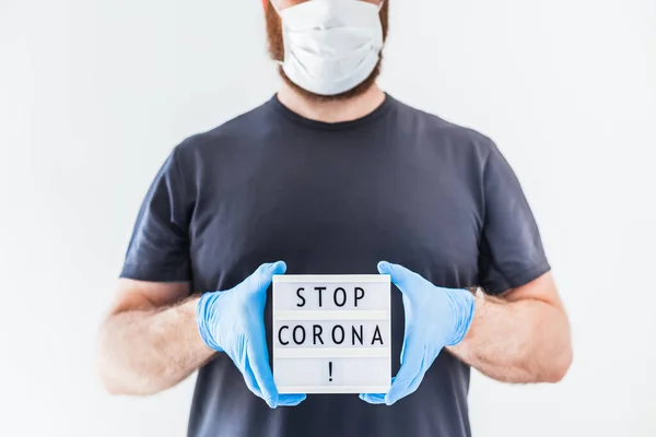 Припиніть Концепцію Коронавіруса Lightbox Текстовим Повідомленням Stop Coronavirus Руках Людини — стокове фото