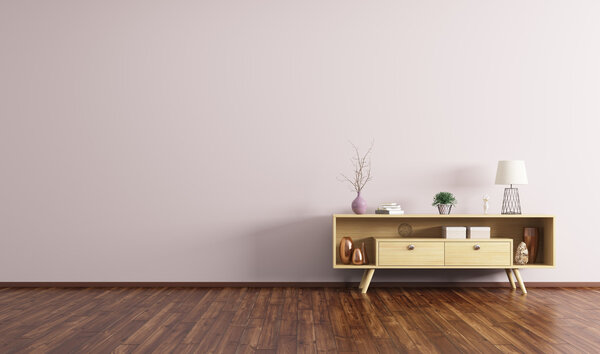Interior with wooden sideboard 3d rendering
