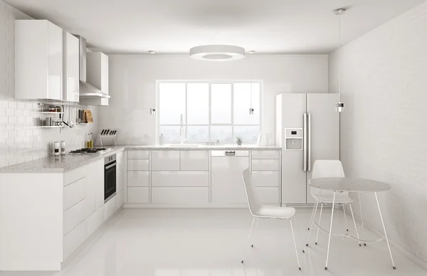 Moderna cozinha branca interior 3d renderização — Fotografia de Stock