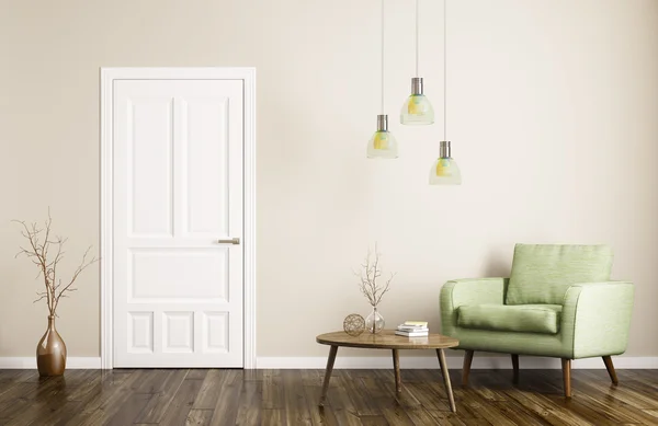 Interior moderno da sala de estar com porta e poltrona 3d renderização — Fotografia de Stock