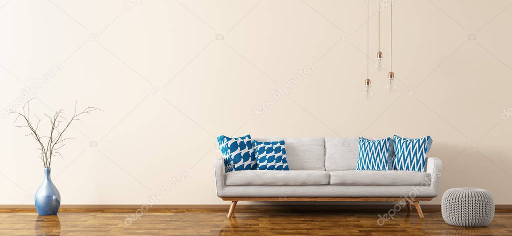 Interior of living room with sofa and pouf 3d rendering