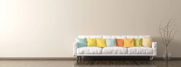 Interior modern ruang tamu dengan sofa putih 3d render — Stok Foto
