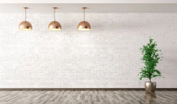 Camera con lampade in metallo rame su parete di mattoni bianchi rendering 3d — Foto Stock