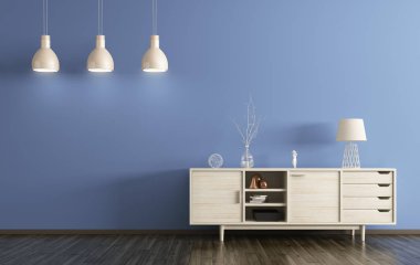 Modern iç ahşap şifoniyer 3d render ile oturma odası