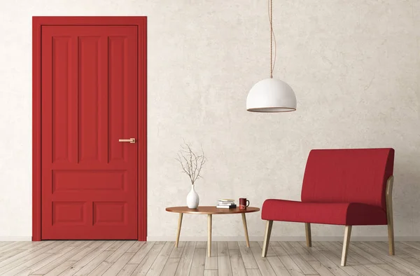 Modernt vardagsrum inredning med dörr och fåtölj 3d-rendering — Stockfoto