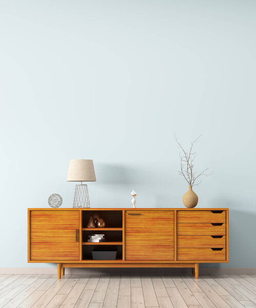 Интерьер с деревянным комодом 3d рендеринг
