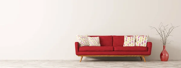 Современный интерьер гостиной с красным диваном 3D рендеринг — стоковое фото