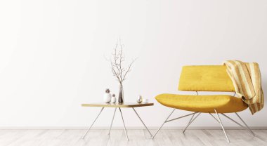 Sarı koltuk ve sehpa 3d render ile iç
