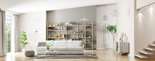 Interiér moderního obývacího pokoje panorama 3d vykreslování — Stock fotografie