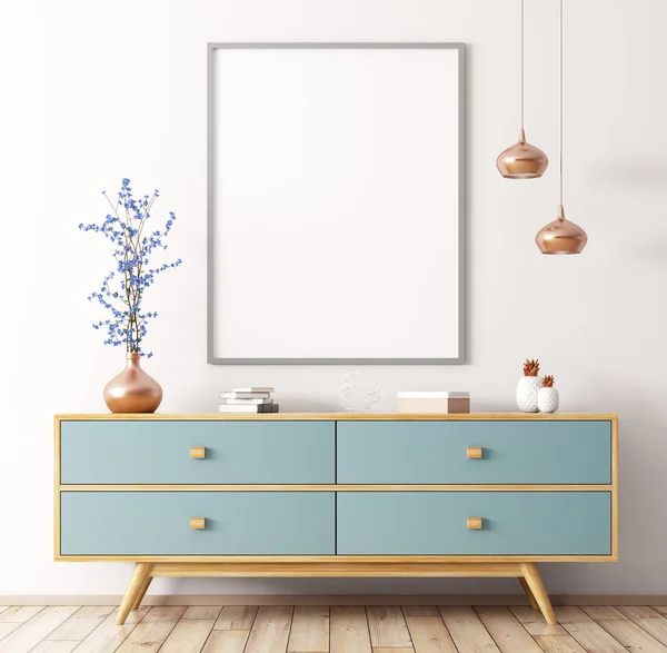 Interior with wooden dresser and poster 3d rendering — Stock Photo, Image