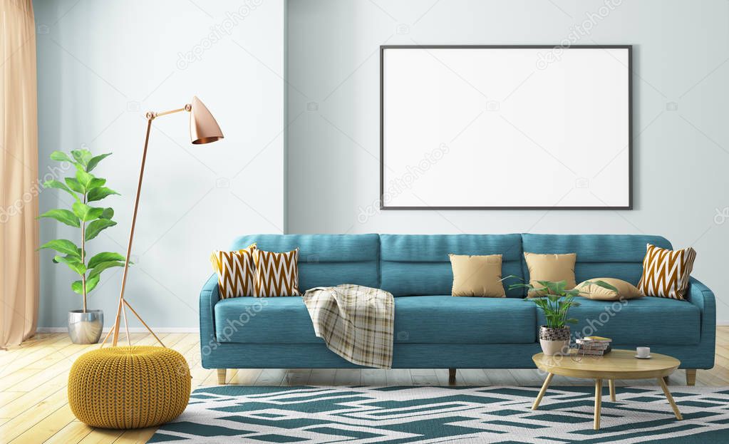 Interior of living room with sofa and poster 3d rendering