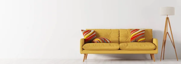 Modern interior with yellow sofa panorama 3d render