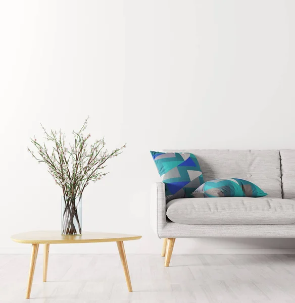 Wazon Flower na stolik i sofą na białej ścianie interi — Zdjęcie stockowe