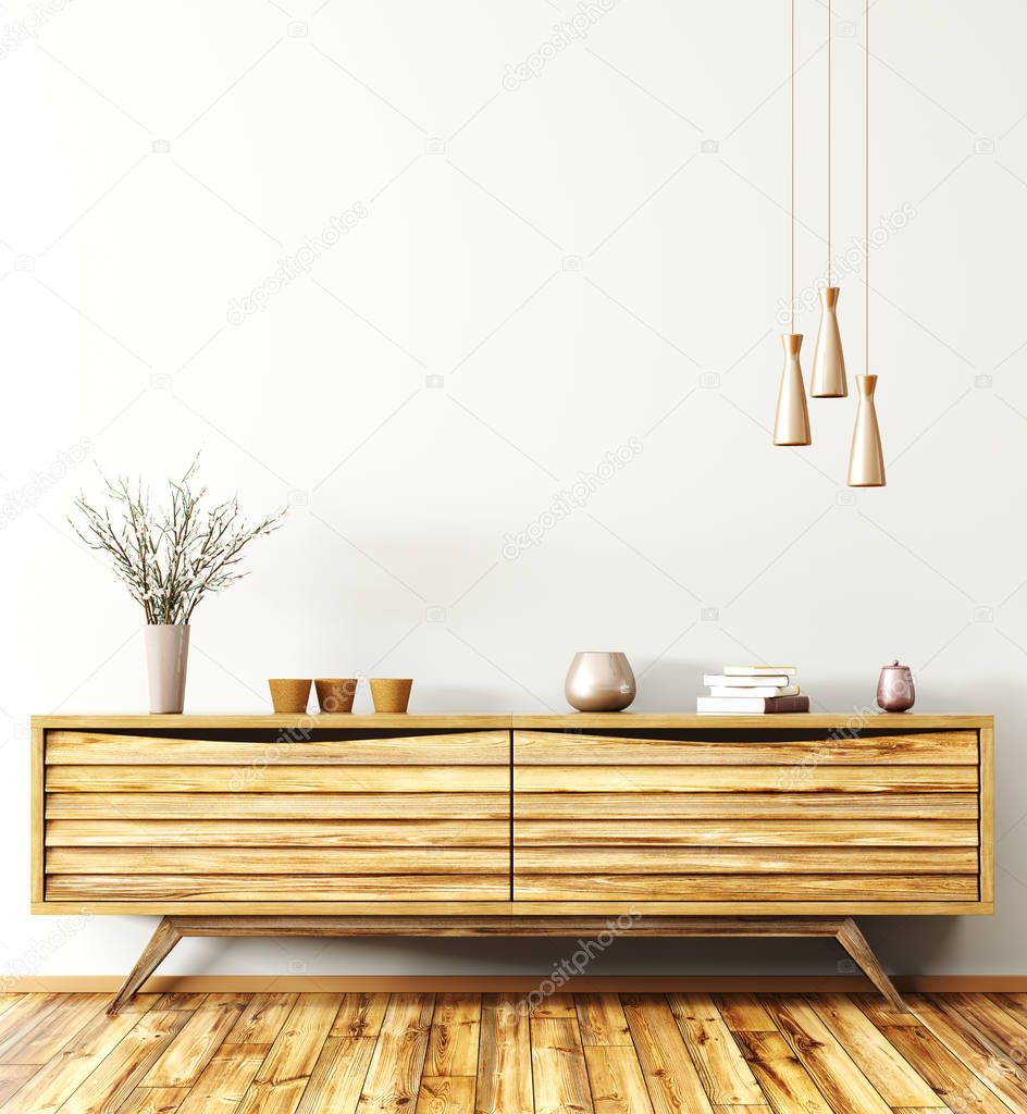 Modern interior with wooden sideboard 3d rendering