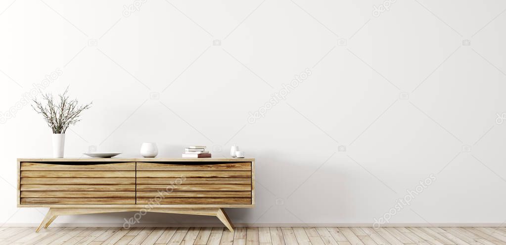 Modern interior with wooden dresser 3d rendering