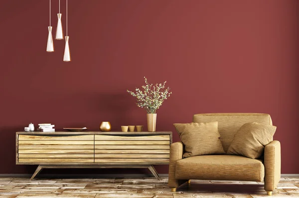Interior com cômoda de madeira e poltrona 3d renderização — Fotografia de Stock