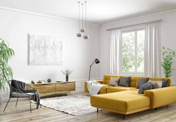 Interior design of modern scandinavian apartment, living room 3d — Stock Photo, Image